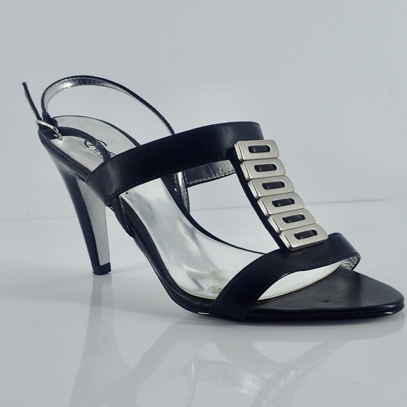Carlos Santana Black 4" Stiletto Shoes Sz 7 Silver Bar Accent Ankle Strap Sexy - Picture 1 of 13
